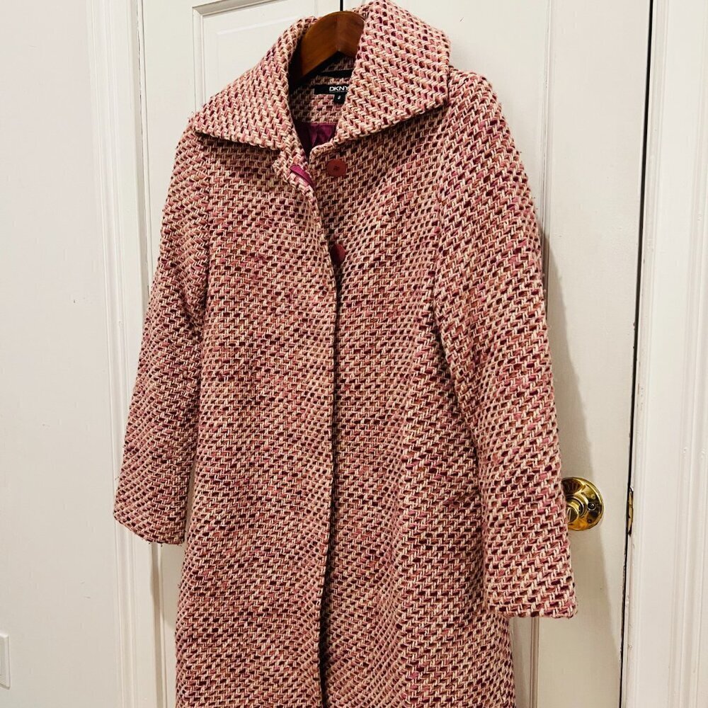 DKNY Ladies Women's Vintage Pink Tweed Over Coat Size 8 Medium Jacket - Picture 7 of 16